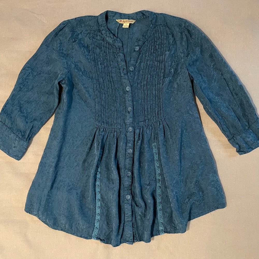 April Cornell Pintuck Blouse XS Blue Boho Artist Smock Peasant Cottagecore